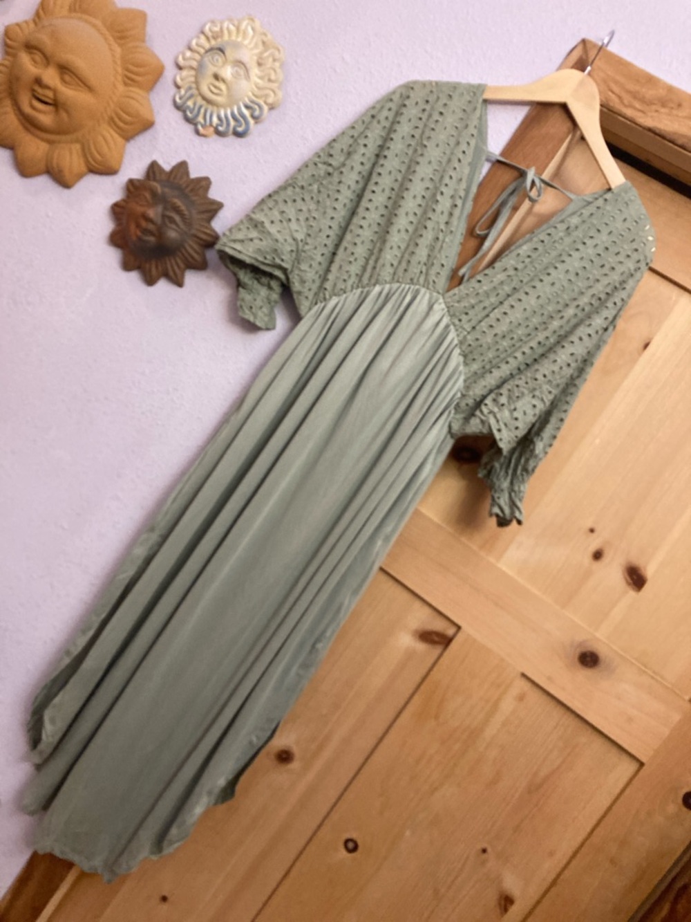 DoublJu Deep V Neck Lace Eyelet 3/4 Sleeve Casual Flowy Swing Dress